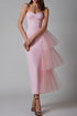 Front view of the pink sleeveless pleated mesh splicing stretch maxi dress, showcasing the elegant design and flattering fit.