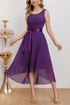 Close-up detail of the Purple Chiffon Lace Spliced Evening Dress showing the intricate lace splicing, satin waistband, and lightweight chiffon fabric.