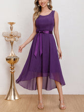 Front view of the Purple Chiffon Lace Spliced Evening Dress featuring a sleeveless design, high-low hemline, and elegant satin waistband, perfect for formal events and parties.