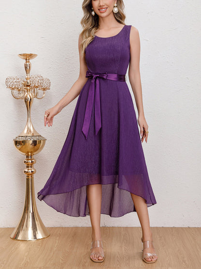 Front view of the Purple Chiffon Lace Spliced Evening Dress featuring a sleeveless design, high-low hemline, and elegant satin waistband, perfect for formal events and parties.