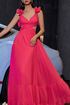 Front view of the Red Chiffon Backless Cross-Tie Flower Suspender Evening Dress featuring a sleeveless design, floral straps, and a flowing oversized hem.