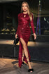 Front view of a red sequined evening dress with long sleeves, a hollow chest detail, and a high slit, showcasing its elegant and glamorous design.