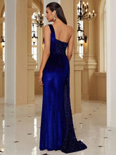 Back view of the Royal Blue  Sleeveless One Shoulder Irregular Sequins Mermaid Dress, featuring the smooth fabric and irregular hemline for a modern, sophisticated look.