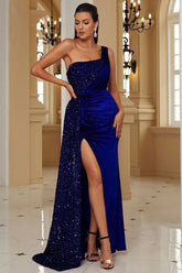 Front view of the Royal Blue Sleeveless One Shoulder Irregular Sequins Mermaid Dress showcasing its elegant one-shoulder design and sparkling sequins splicing.
