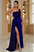 Front view of the Royal Blue Sleeveless One Shoulder Irregular Sequins Mermaid Dress showcasing its elegant one-shoulder design and sparkling sequins splicing.