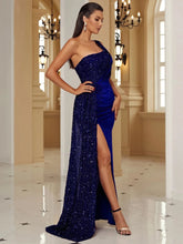 Side view of the Royal Blue Sleeveless One Shoulder Irregular Sequins Mermaid Dress highlighting the figure-hugging mermaid fit and elegant sequins detailing.
