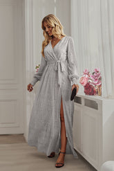 Close-up detail view of Silver Long Sleeve Rhinestone Mesh Maxi Dress highlighting rhinestone embellishments and mesh fabric.