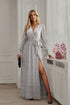 Front view of Silver Long Sleeve Rhinestone Mesh Maxi Dress with waistband and shimmering rhinestone details.