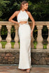 Front view of the White Sleeveless Hanging Neck Show Waist Satin Maxi Dress, showcasing the elegant design and flattering fit.