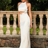 Side view of the White Sleeveless Hanging Neck Show Waist Satin Maxi Dress, highlighting its smooth satin fabric and sleek silhouette.