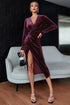 wine red velvet evening dress with a wrap design and long sleeves, perfect for formal events.