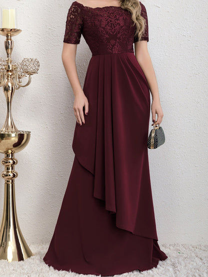 Close-up detail view of the Yedda wine red short sleeve embroidered lace spliced A-line dress, showcasing intricate lace embroidery and fine craftsmanship.