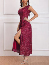 Side view of the Wine Red Sleeveless One-Shoulder High Slit Sequins Maxi Dress, highlighting the high slit and one-shoulder design.